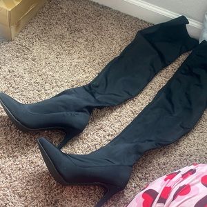 Black fabric, satin thigh, high boots, new never worn